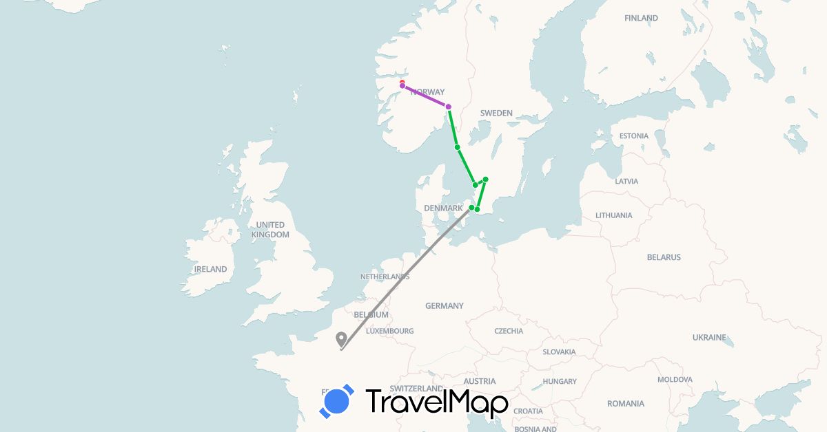 TravelMap itinerary: driving, bus, plane, train, hiking in Denmark, France, Norway, Sweden (Europe)