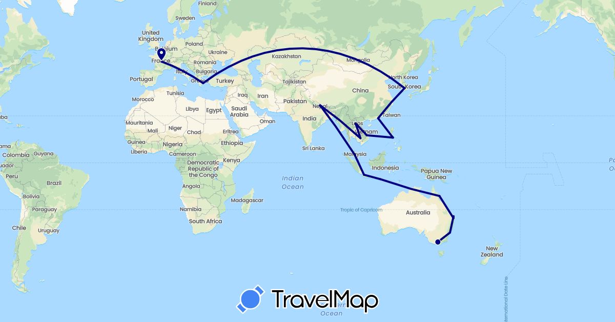 TravelMap itinerary: driving in Australia, France, Greece, Hong Kong, Indonesia, Cambodia, South Korea, Laos, Malaysia, Nepal, Philippines, Vietnam (Asia, Europe, Oceania)
